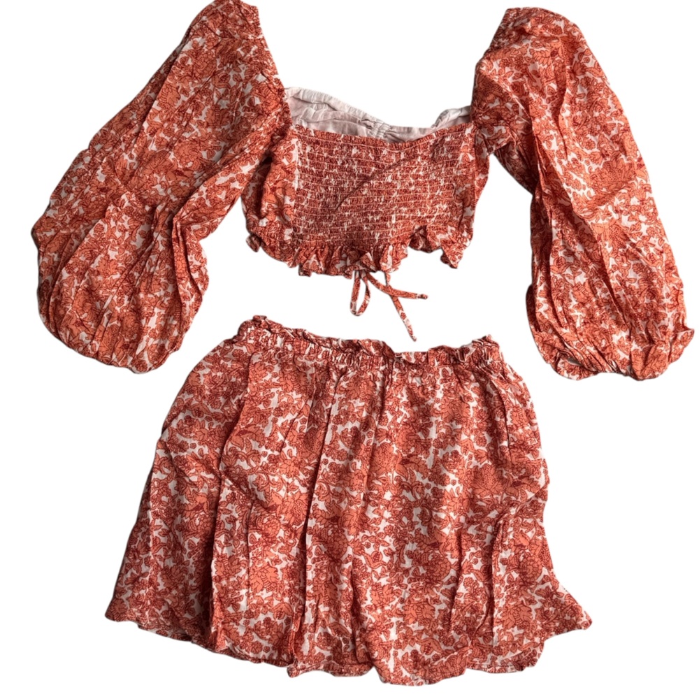 Elan Floral Print Crop Puff Sleeve Top & Skirt Set S - Picture 2 of 6